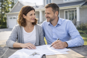 Couple analysant les responsabilités liées à une hypothèque conjointe au Québec