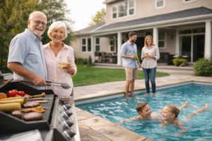 Famille intergénérationnelle profitant d’une maison acquise grâce à une hypothèque bien maîtrisée