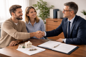 Couple rencontrant un banquier dans un cadre hypothécaire encadré juridiquement