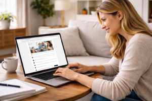 Femme utilisant un ordinateur portable pour commenter un article sur l’achat immobilier au Québec