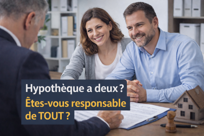 Couple signant une hypothèque conjointe chez le notaire et comprenant la solidarité et les responsabilités légales