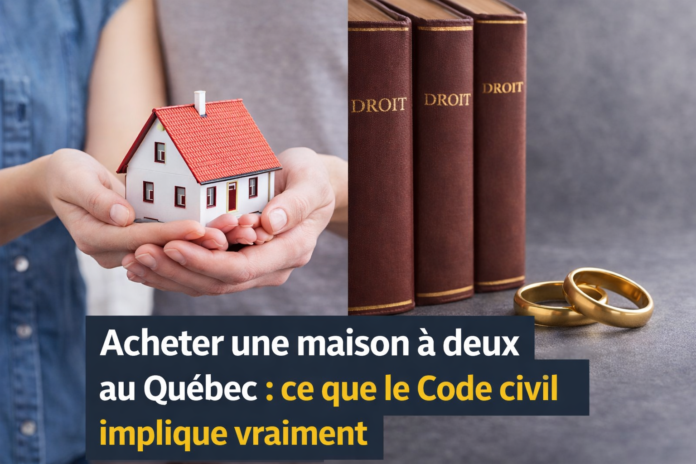 Couple analysant un contrat immobilier devant une maison au Québec, illustrant les implications juridiques d’un achat à deux